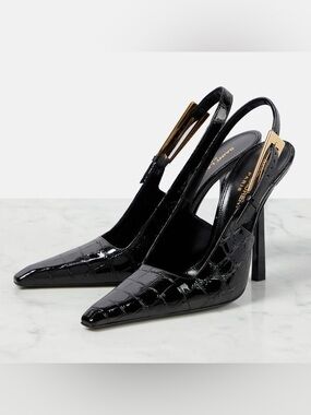 Saint Laurent Slingback Graham Shoes Croc-Embossed Heels Size 38